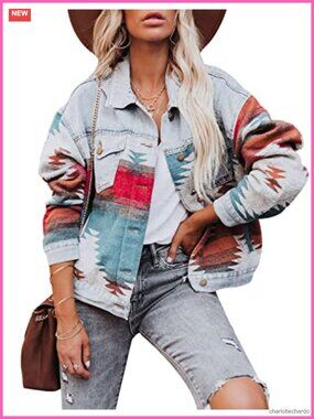 Aztec Denim Jacket Shacket Women Button Down Distressed Blue Jean Jacket